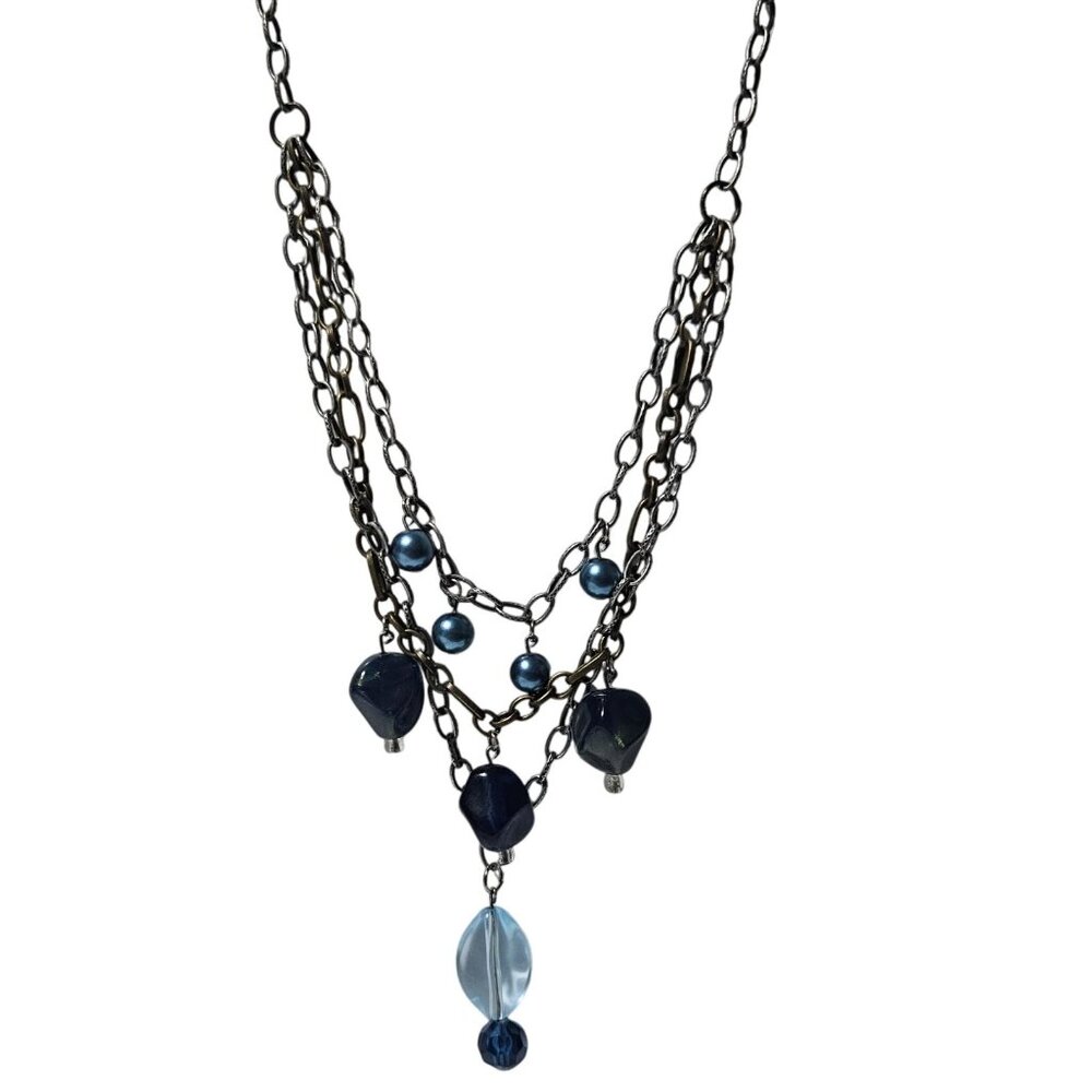 Vintage Beaded Multi Layer Necklace Blue Beads Chain Accents Fashion Jewelry
